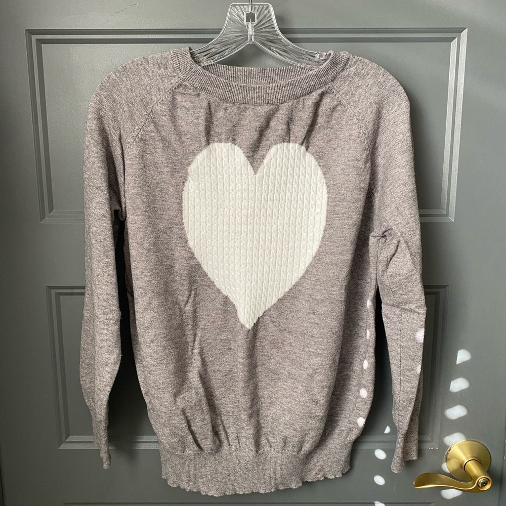 Grey Crew-neck Sweater with a Woven White Heart